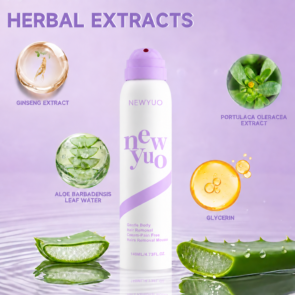 NEWYUO Gentle Hair Removal Spray | Aloe, Ginseng & Hyaluronic Acid | For Men & Women